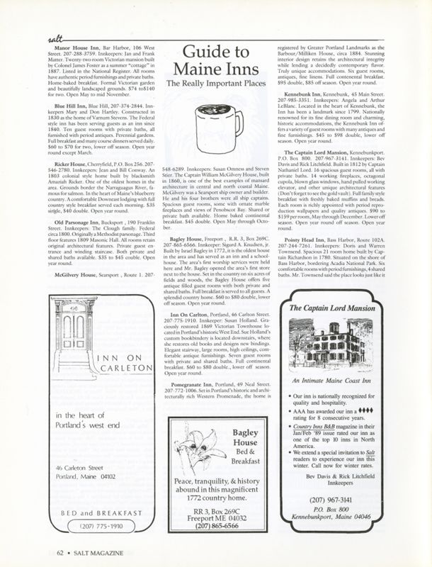 November 1989 Salt Magazine, Guide to Maine Inns
