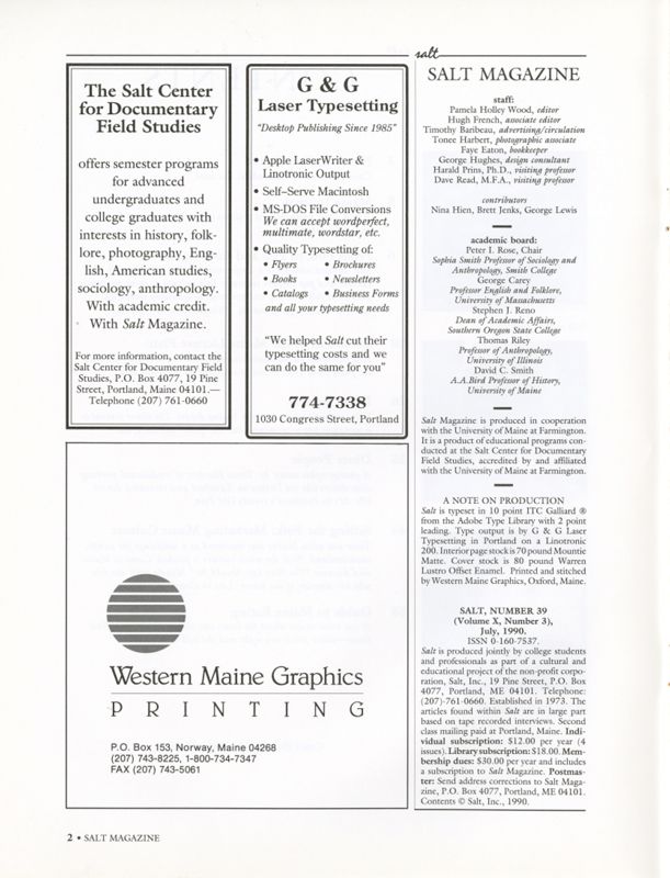 July 1990 Salt Magazine, Masthead