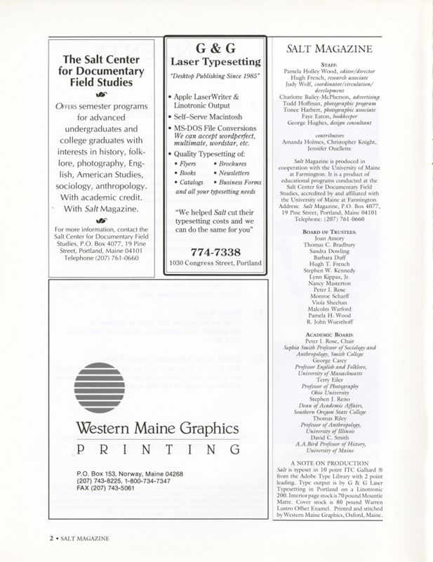 December 1990 Salt Magazine, Masthead