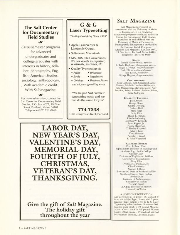 September 1992 Salt Magazine, Masthead