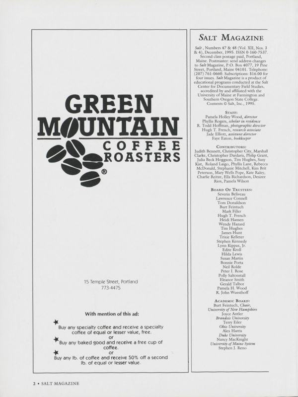 December 1995 Salt Magazine, Masthead