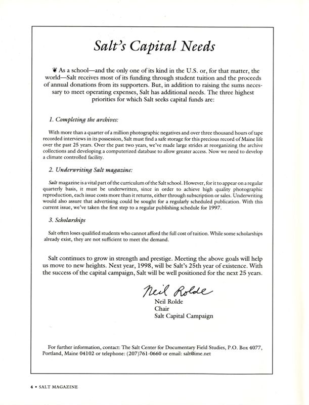 April 1997 Salt Magazine, Salt's Capital Needs