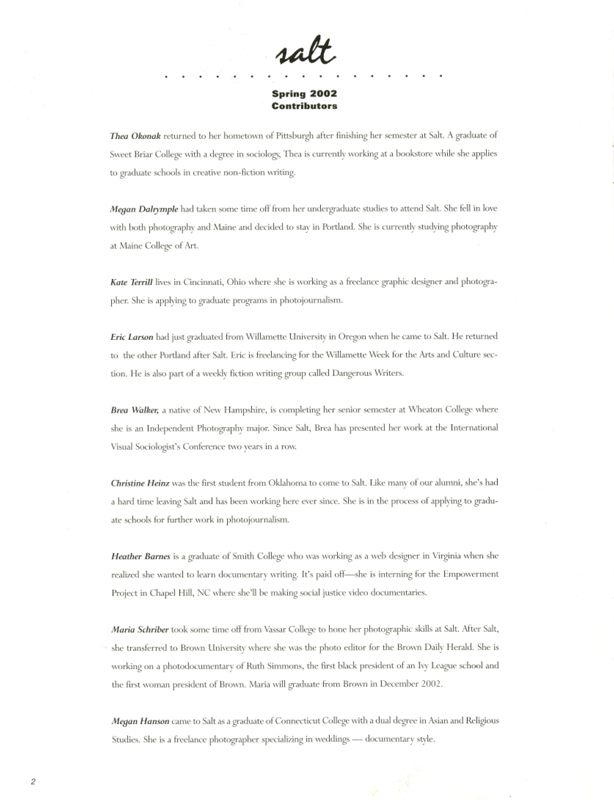 Salt Spring 2002 Magazine, Contributors