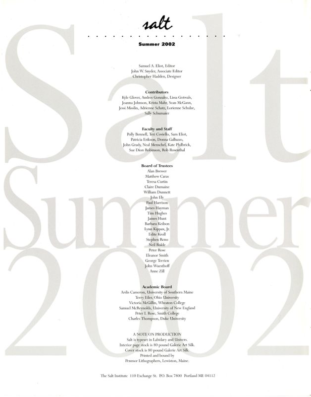 Salt Summer 2002 Magazine, Inside Front Cover