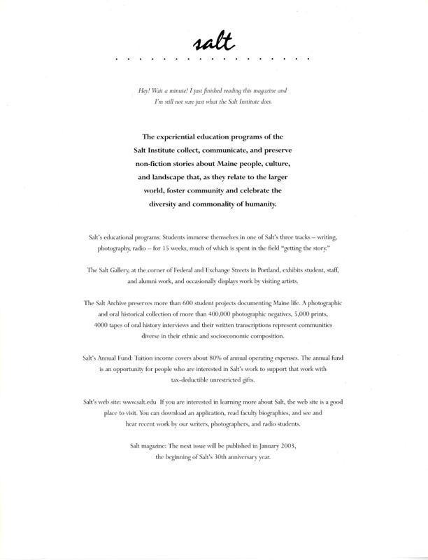 Salt Summer 2002 Magazine, Inside Back Cover