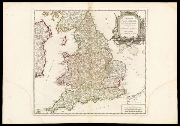 Le Royaume d'Angleterre, divise selon les sept Royaumes, ou Heptarchie des Saxons, avec la principaute de Galles et subdivise en Shires ou Comtes. Par le Sr. Robert Geog. ord. du Roi. Avec Privilege 1753.