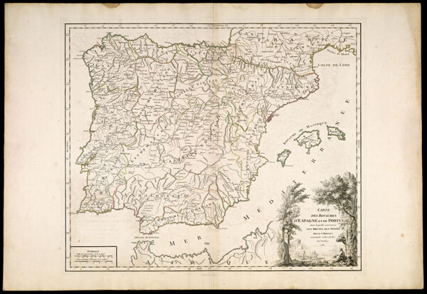 Carte des Royaumes d'Espagne et de Portugal dans laquelle sont tracees les routes des postes par le Sr. Robert. Geographe ordin. du Roi. Avec Privilege. 1757