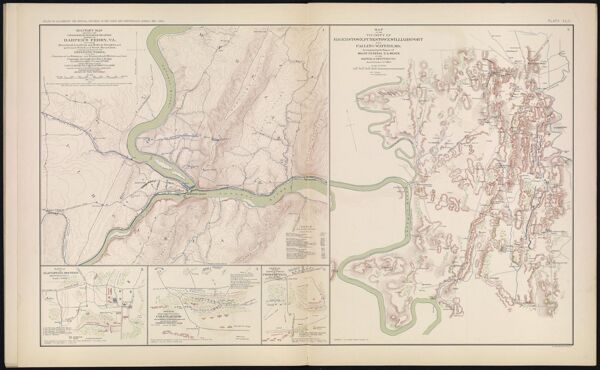 Military map showing the topographical features of the country adjacent to Harper's Ferry, VA. including Maryland, Loudoun and Bolivar Heights, and portions of South and Short Mountains, with the positions of the defensive works, also the junction of the Potomac and Shenandoah Rivers and their passage through the Blue Ridge
