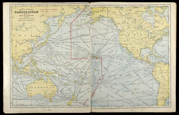 Map of the Pacific Ocean showing distances between principal points and the International Date Line.