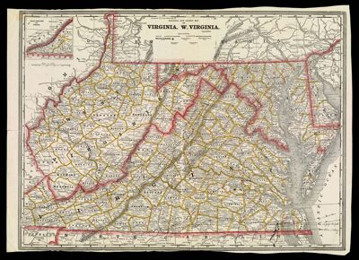 Railroad and County Map of Virginia, W. Virginia, Copyrighted