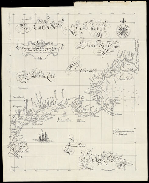 Carta particolare della nuoua Belgia e parte della nuoua Anglia : la longitudine cominca da l'Isola di Pico d'Asores