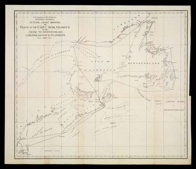 Outline Chart showing the track of the U.S.F.C. Schr. Grampus on the Cruise to Newfoundland, Labrador and Gulf of St. Lawrence.