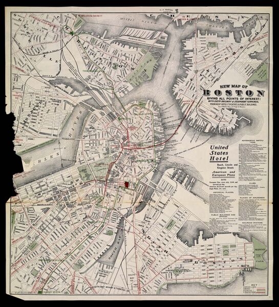 New Map of Boston Giving All Points of Interest with Every Railway & Steamboat Terminus, Prominent Hotels, Theatres & Public Buildings.
