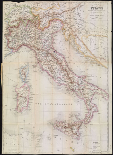 Nouvelle Carte de l'Italie  indiquant ses nouvelle divisions politiques, ses voies de communication, chemins de fer, routes et parcours de Paqubots &a.