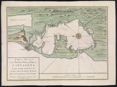 This Plan of the Harbour, Town, and Forts of Cartagena is most humbly inscribed to the Rt. Honble. Sir Charles Wager, First Lord Commissioner of the Admiralty, Taken from a Curious and exact Survey, made in the year 1739.