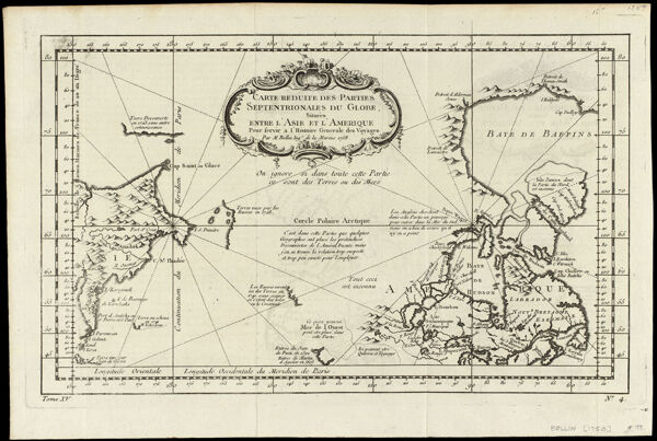 Carte Reduite des Parties Septentrionales du Globe, Situées entre l'Asie et l'Amerique  Pour servir à l'Histoire Generale des Voyages  Par M. Bellin, Ingr. de la Marine 1758.