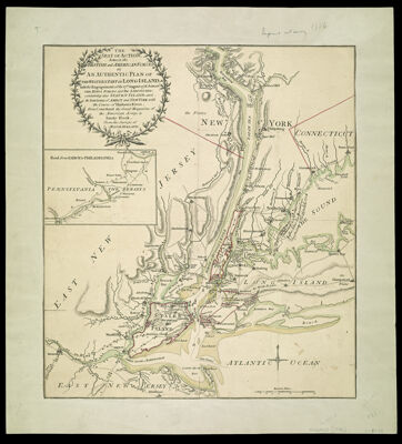 The Seat of Action, between the British and American Forces. or An Authentic Plan of the Western Part of Long Island, with the Engagement of the 27th August 1776, between the Kings Forces and the Americans: containing also Staten Island, and the Environs of Amboy and New York, with the course of Hudsons River, from Courtland the Great Magazine of the American Army, to Sandy Hook. from the surveys of Major Holland