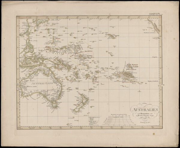 Australien nach Krusenstern u.A. in Mercators Projection entworfen u. gez. v. Ad. St. 1826 Nachträge bis 1847.