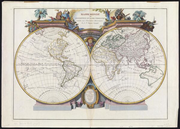 Mappe Monde ou Description du Globe Terrestre assujettie aux Observations Astronomiques Par le Sr. Janvier, Geographe