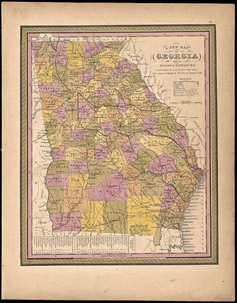A New Map of Georgia with its Roads and Distances. Published by S. Augustus Mitchell,  N.E. corner of Market & 7th Streets Philada., 1846.