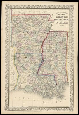 County Map of the States of Arkansas, Mississippi and Louisiana.