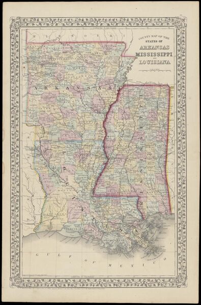 County Map of the States of Arkansas, Mississippi and Louisiana.