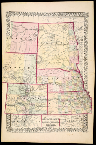 County Map of Dakota, Wyoming, Kansas, Nebraska and Colorado.