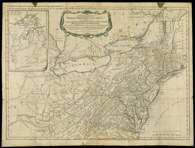 A General Map of the Middle British Colonies, in America. containing Virginia, Maryland, the Delaware counties, Pennsylvania and New Jersey, with the addition of New York and the greatest part of New England as also of the bordering parts of the province of Quebec, improved from several surveys made after the late war, and corrected from Governor Pownall's late map, 1776