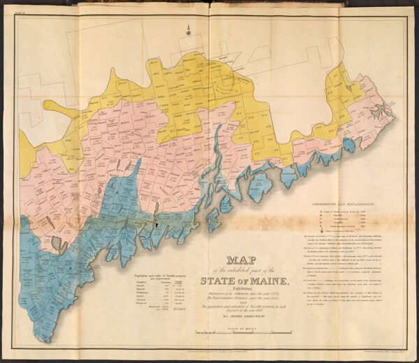 Map of the inhabited part of the state of Maine, Exhibiting - The progress of its settlement since the year 1778. The Representative Districts since the year 1820. and The population and valuation of Taxable property in each district at the year 1820. By Moses Greenleaf.