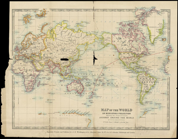 Map of the World on Mercator's Projection Showing Reverend Francis E. Clark's Journey around the World