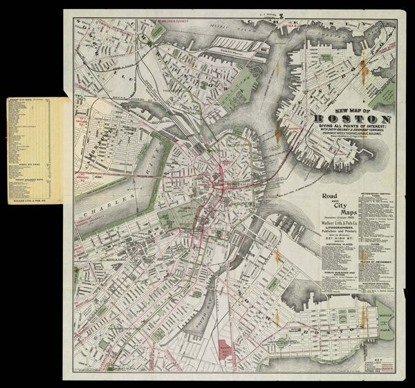 New map of Boston giving all points of interest : with every railway & steamboat terminus, prominent hotels theatres & public buildings