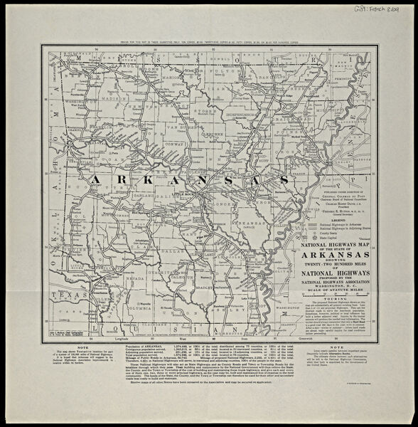 National Highways map of the state of Arkansas showing twenty-two hundred miles of national highways proposed by the National Highways Association