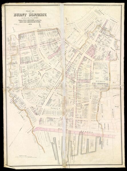 Plan of burnt district (by fire of Nov. 9th and 10th, 1872) : showing street improvements as adopted by Board of Street Commissioners and City Council
