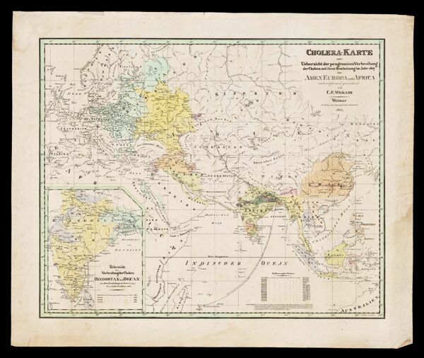 Cholera-karte oder uebersicht der progressiven verbreitung der cholera seithrer erscheinung im Jahr 1817 uber Asien, Europa und Africa entworfen un gezeichnet von C.F. Weiland.