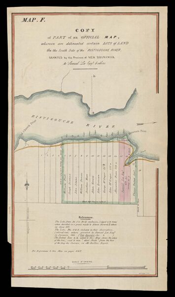 Copy of part of an official map whereon are delineated certain lots of land on the south side of the Ristigouche River granted by the Province of New Brunswick to Samuel Lee & others.