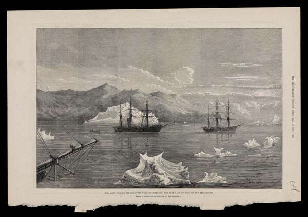 The Alert Towing the Discovery through Icebergs : The High Land of Disco in the Background, from a sketch by an officer of the Valorous