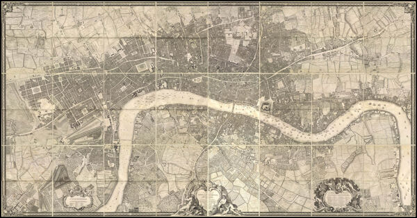 A plan of the cities of London and Westminster, and borough of Southwark; with the contiguous buildings; from an actual survey, taken by John Rocque, Land-Surveyor, and engraved by John Pine, Bluemantle Pursuivant at Arms, and Chief Engraver of Seals, &c.  To His Majesty.