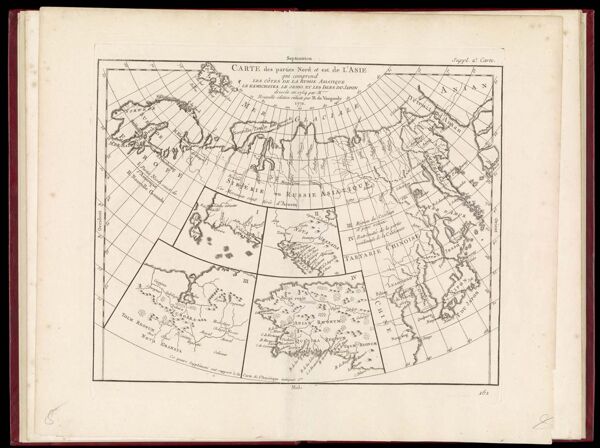 Suppl. 2e. Carte. Carte des parties Nord et est de l'Asie qui comprend les cotes de la Russie Asiatique Le Kamschatka, les Jesso, et les Isles du Japon dressee en 1764 par M*** Nouvelle edition reduite par M. de Vaugondy en 1772.