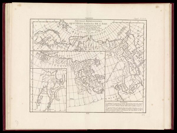 Suppl. 3e. Carte Nouvelle Representation des Cotes Nord et Est de l'Asie, pour servir d'eclaircissement aux articles du suppliement de l'Encyclopedie qui concernent le Passage aux Indes par le Nord. Gravee sous la direction de Mr. de Vaugondy en 1772.