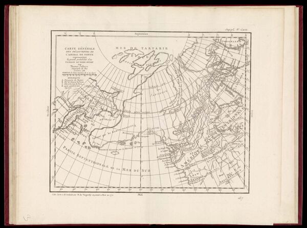 Carte Generale des decouvertes de l'Amiral de Fonte representant la grande probabilite d'un Passage au Nord Ouest par Thomas Jefferys Geographe du Roi a Londres 1768.