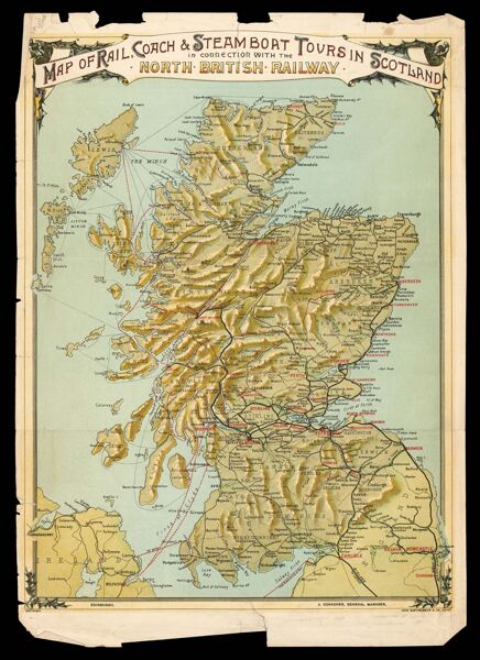 Map of rail, coach & steamboat tours in Scotland in connection with the North British Railway.