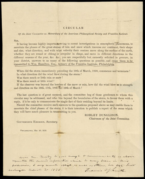 Circular of the joint Committee on Meteorology of the American Philosophical Society and Franklin Institute, and Circular of the Committee on Meteorology, appointed by the Franklin Institute...