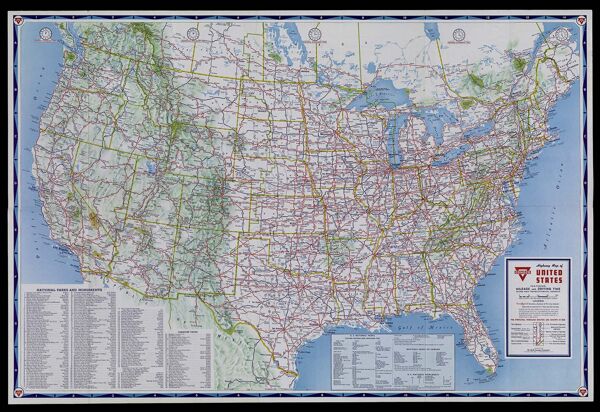 Conoco Highway Map of United States featuring mileage and driving time along main transcontinental highways.