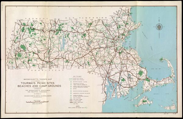 Massachusetts tourist map showing tourways, picnic sites, beaches, and camp grounds