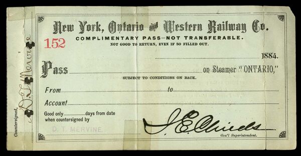 New York, Ontario and Western Railways Co. Complimentary Pass