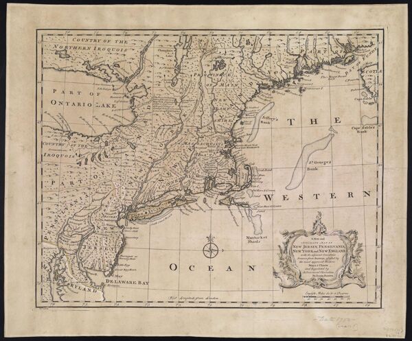 A New and Accurate Map of New Jersey, Pensilvania, New York and New England, with the adjacent Countries. Drawn from Surveys, assisted by the most approved Modern Maps & Charts, and Regulated by Astronomical Observations. By Eman. Bowen copy 1