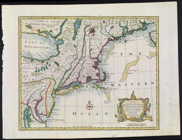 A New and Accurate Map of New Jersey, Pensilvania, New York and New England, with the adjacent Countries. Drawn from Surveys, assisted by the most approved Modern Maps & Charts, and Regulated by Astronomical Observations. By Eman. Bowen copy 2