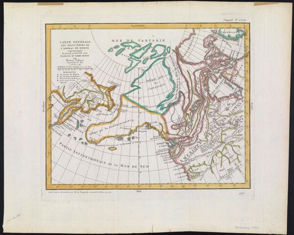 Carte Générale des Découvertes de l'Amiral De Fonte représentant la grande probabilité d'un Passage au Nord Ouest par Thomas Jefferys Géographe du Roi à Londres, 1768.