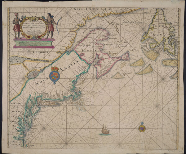 A New Chart of the Sea Coast of Newfound land, new Scotland, new England, new Jersey, Virginia, Maryland, Pennsylvania, and part of Carolina. By Iohn Thornton Hydrographer at the Signe of England, Scotland, and Ireland in the Minories London.
