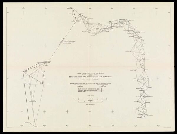 International Boundary Commission United States and Canada Triangulation and precise traverse sketches to accompany the report of the commissioners on the reestablishment of the international boundary from the source of the St. Croix River to the St. Lawrence River Sketch No. 1 Major Scheme - Source of St. Croix River to the Highlands